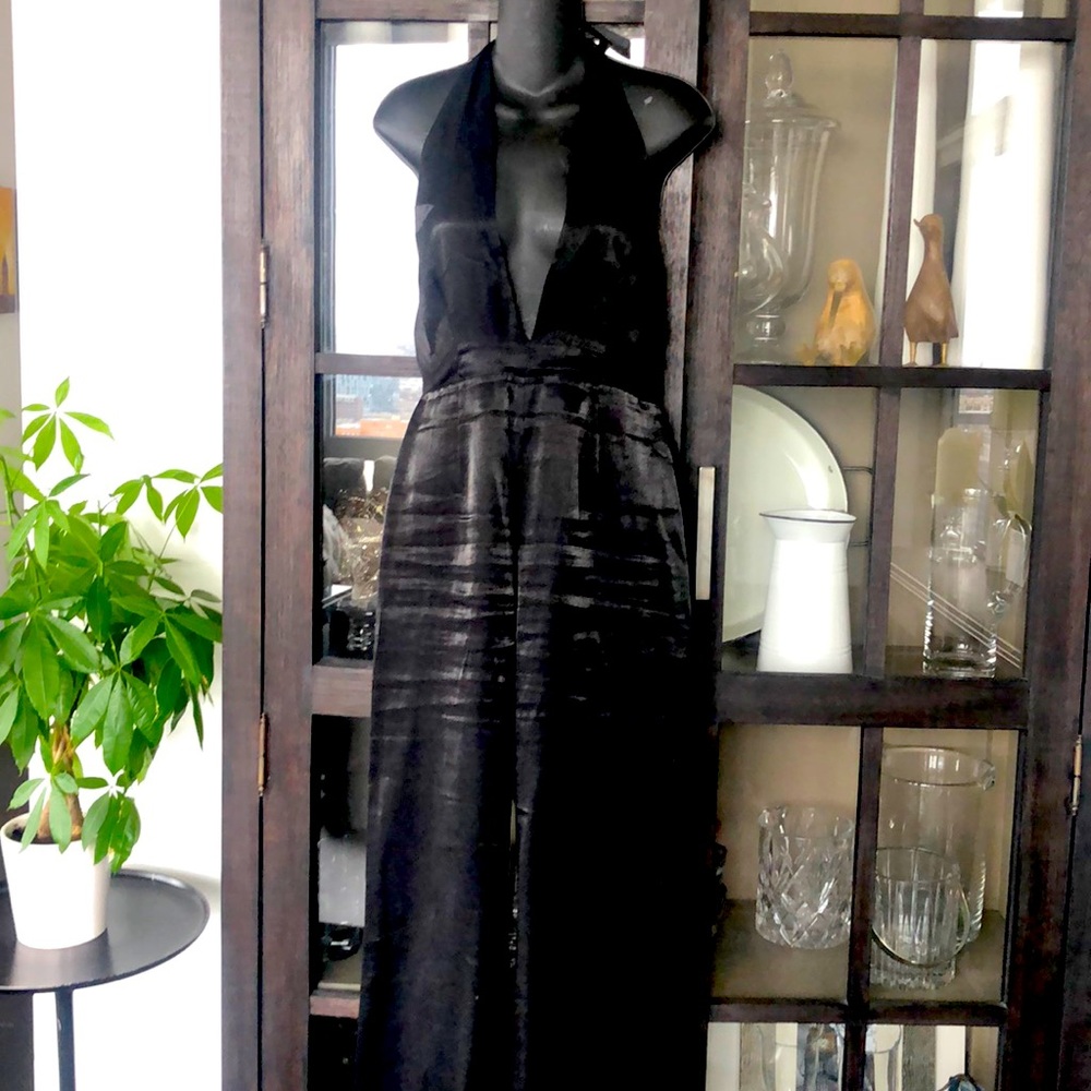 Black sheen neck tie jumpsuit